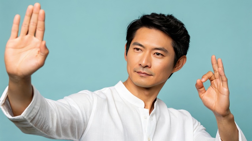 a young asian man makes the ok sign with his left hand and extends his right hand outward, as if he is pushing away an invisible object. He wears a white collared shirt against a blue background.
