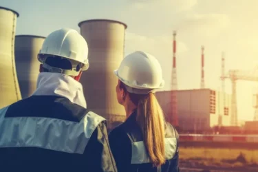 Deux ouvriers devant une usine