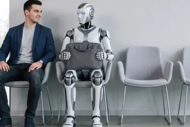 Un homme et un robot qui attendent pour passer un entretien