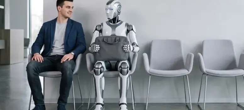 Un homme et un robot qui attendent pour passer un entretien