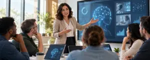 Une formatrice donne un cours à ses stagiaires