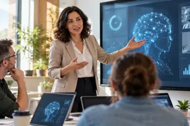 Une formatrice donne un cours à ses stagiaires