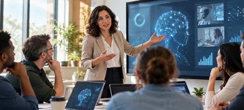 Une formatrice donne un cours à ses stagiaires