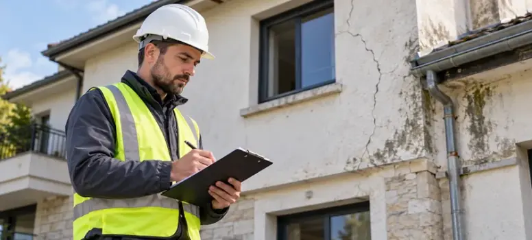 Ouvrier qui contrôle des pathologies du bâtiment